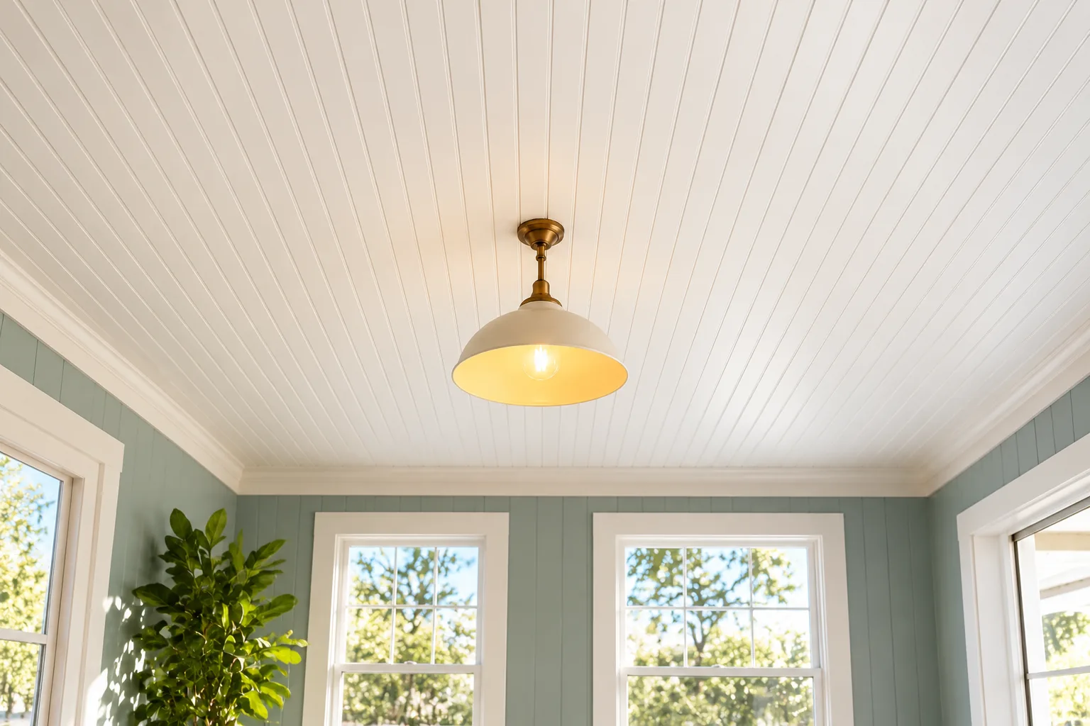 White beadboard boards run across a ceiling around a pendant light in a bright room.