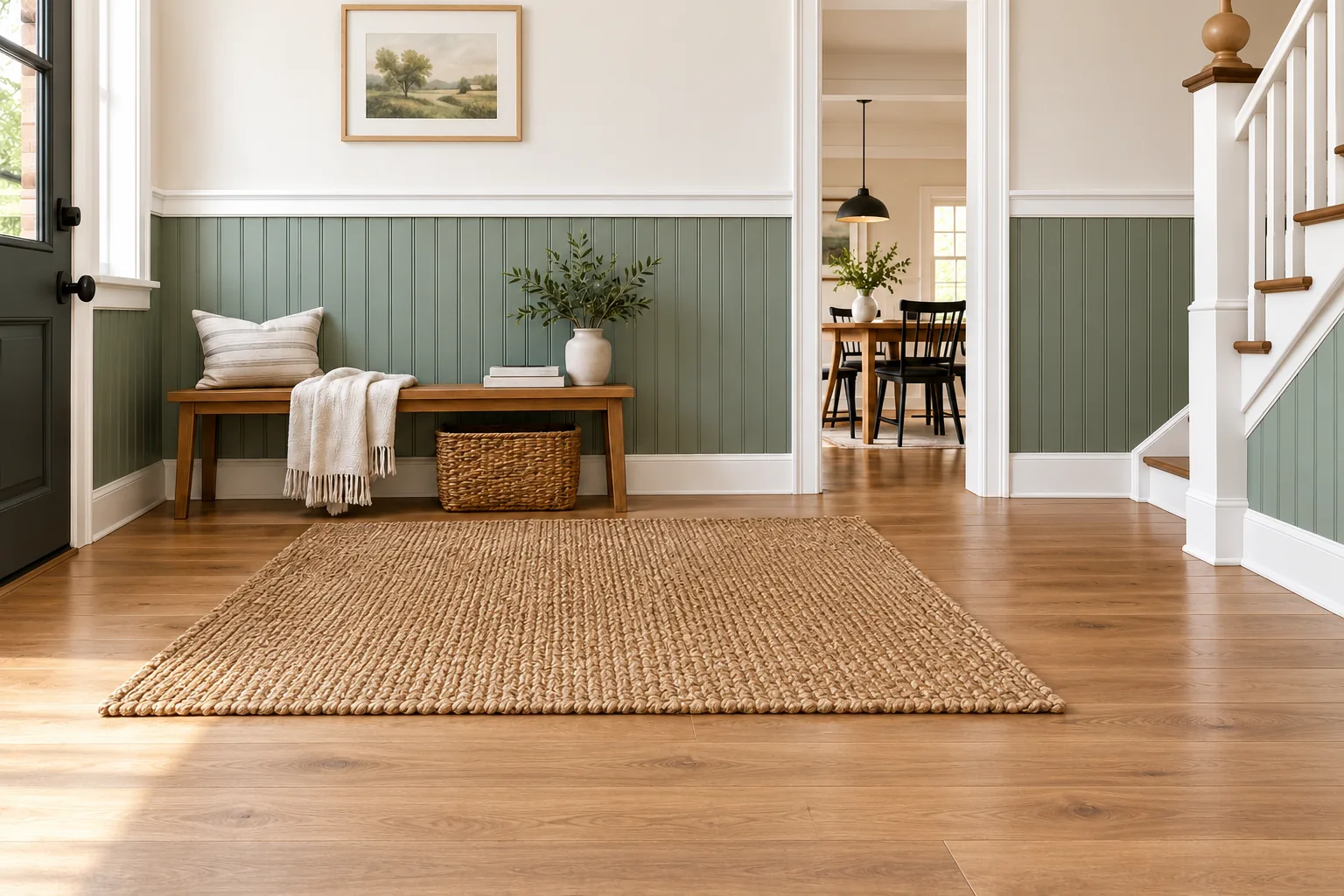 Sage-green beadboard wainscoting with white cap and base trim in a bright entryway beside a bench and staircase.